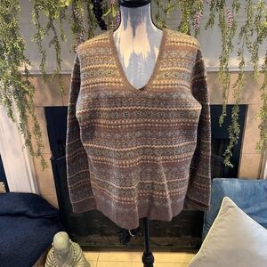 Alexandra Bartlett Women's L brown blue lambs wool v neck beaded detail sweater